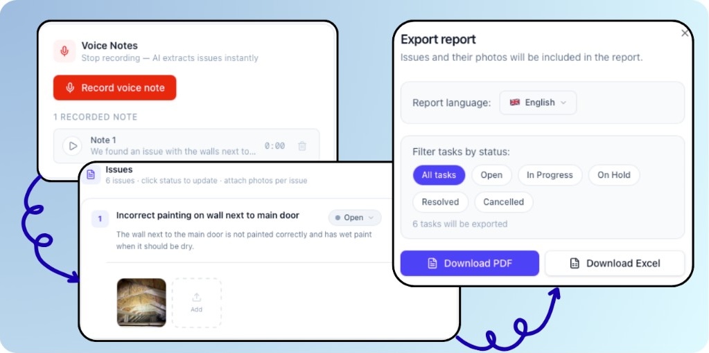 Inspection OS — voice notes, task tracking, and export reports